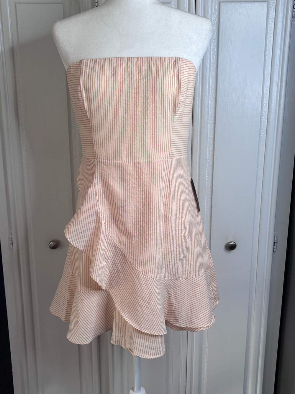 LUSH Strapless Striped Ruffle Mini Dress Coral White NWT M